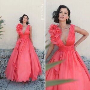 Mac Duggal 48856 Size 12 Coral Ruffle V-Neck‎ Chiffon Ballgown Gown Maxi Dress